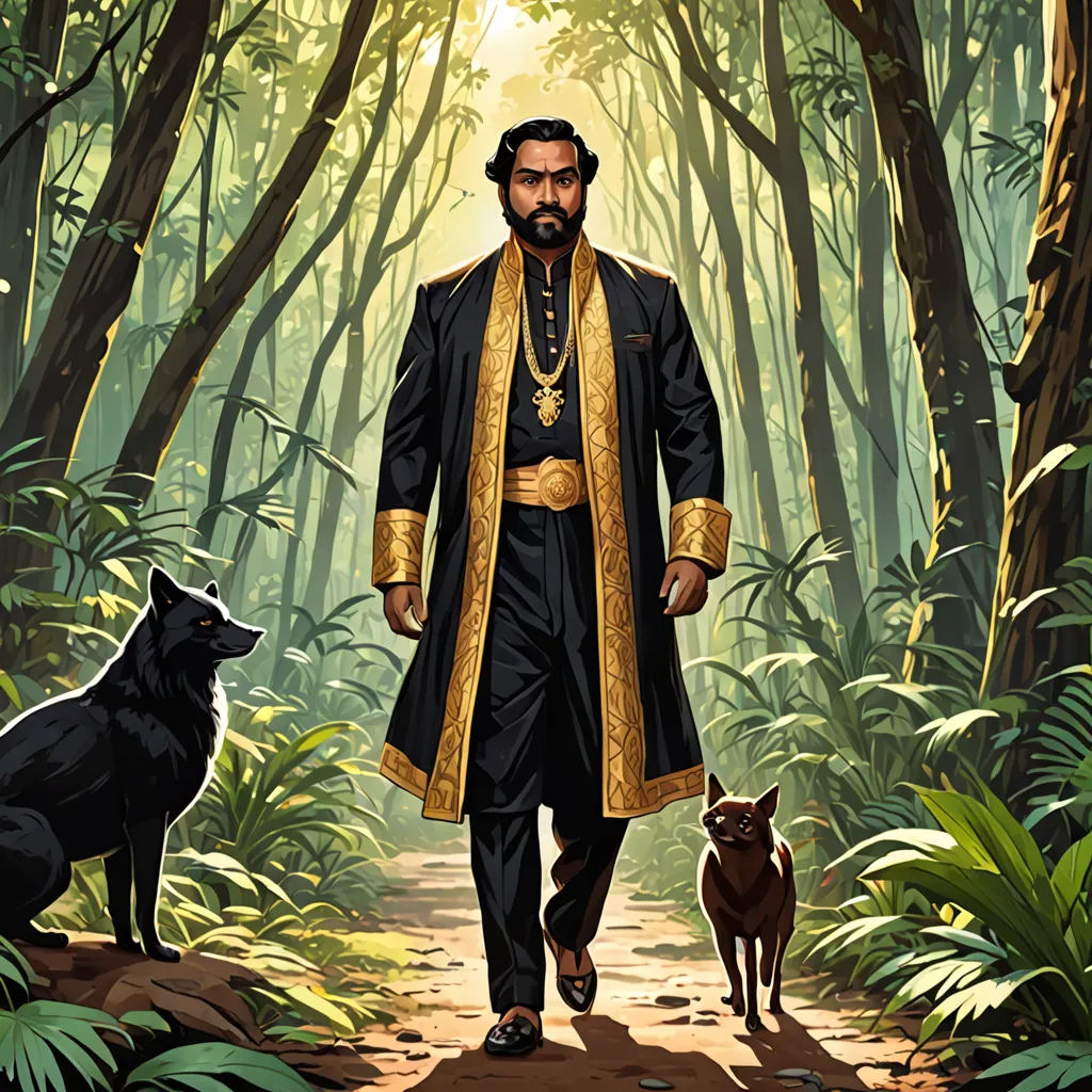 a man in a black coat and a dog in a forest with trees and plants and a dog standing on a path, samikshavad, a comic book panel, Altoon Sultan, official art