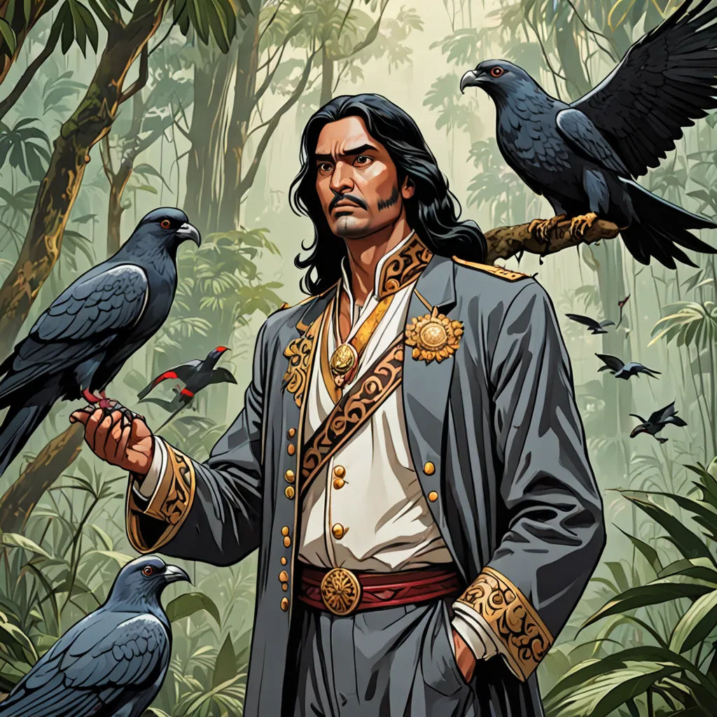 a man in a suit with two birds on his hand and a bird on his arm, in front of a jungle, sumatraism, a character portrait, Amadeo de Souza Cardoso, comic cover art