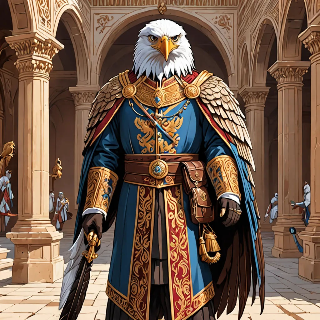 a man in a blue and gold outfit with an eagle on his arm and a sword in his hand, fantasy art, a character portrait, Chris LaBrooy, epic fantasy character art