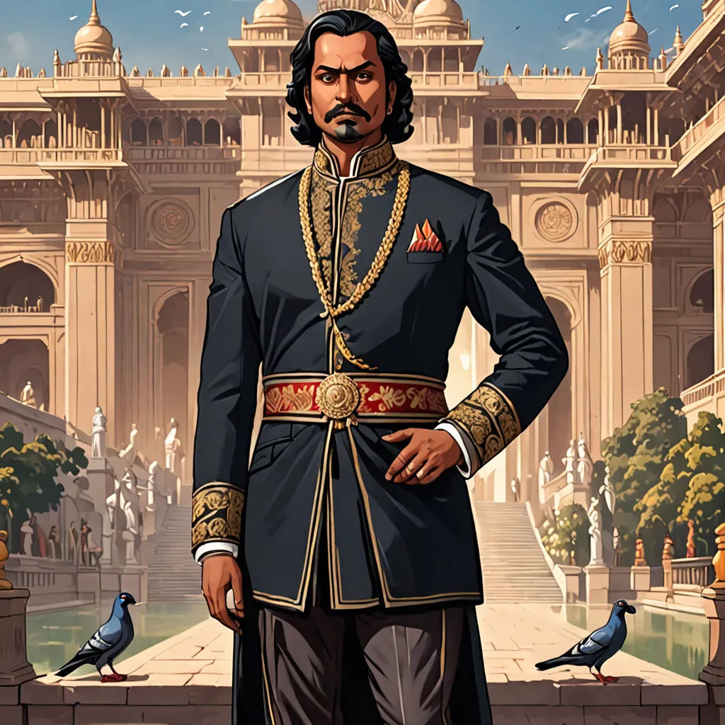 a man in a suit standing in front of a palace with pigeons on the ground and a bird on the ground, samikshavad, a character portrait, Bikash Bhattacharjee, jayison devadas