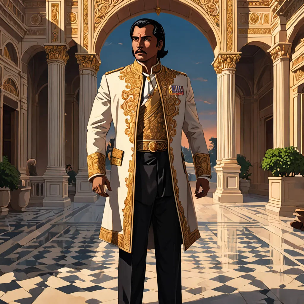 a man in a white coat and gold trim standing in a courtyard with a black and white checkered floor, fantasy art, a character portrait, Donato Giancola, regal