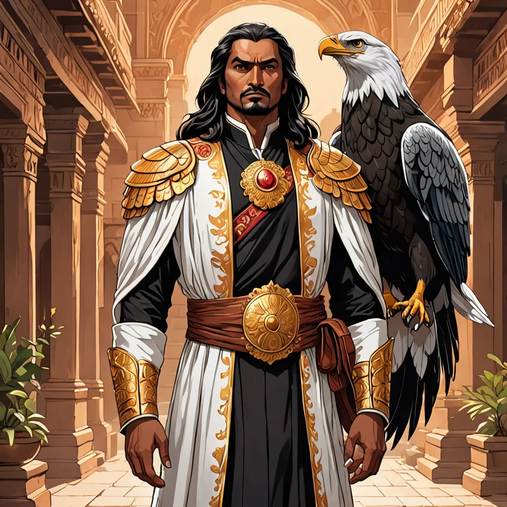 a man in a suit with an eagle on his arm and a sword in his hand, standing in a courtyard, samikshavad, a character portrait, Altoon Sultan, epic fantasy character art