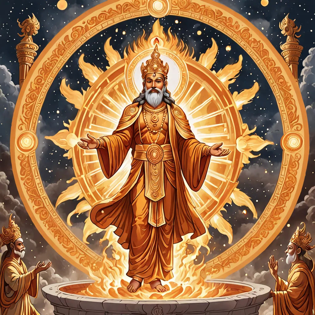 a painting of a man standing in front of a fire ring with two other men around him and a sky background, rayonism, a detailed drawing, Bholekar Srihari, sun