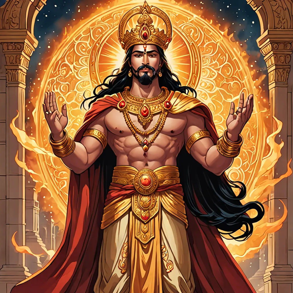 a man in a golden outfit with a crown on his head and a halo around his neck, standing in front of a golden circle, samikshavad, a detailed painting, Bholekar Srihari, jayison devadas