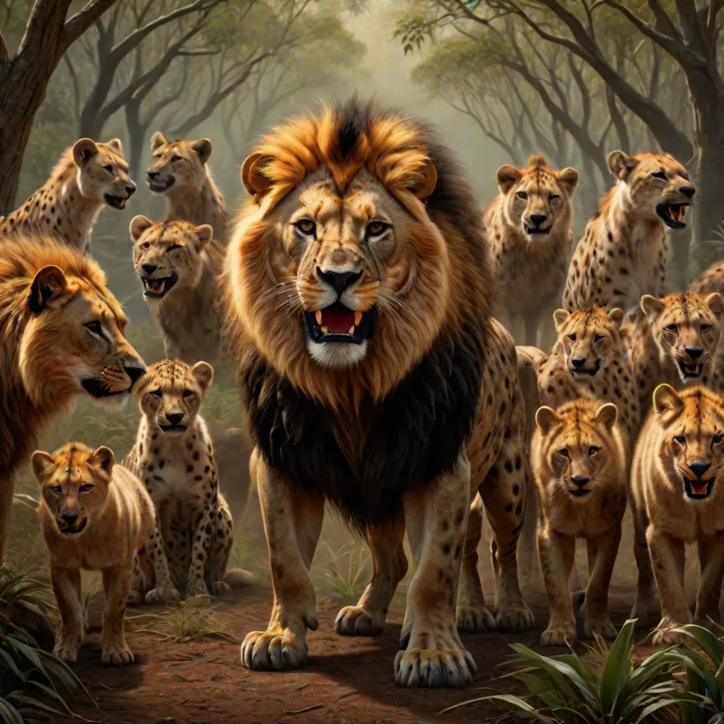 a group of lions standing in front of a group of lions in a forest with trees and bushes in the background, furry art, a photorealistic painting, Chris LaBrooy, photoreal