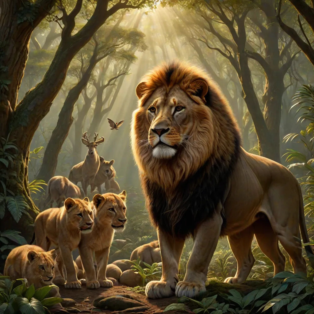 a painting of a lion and his cubs in the jungle with a bird flying above them and a deer in the background, fantastic realism, an oil painting, Anne Stokes, majestic