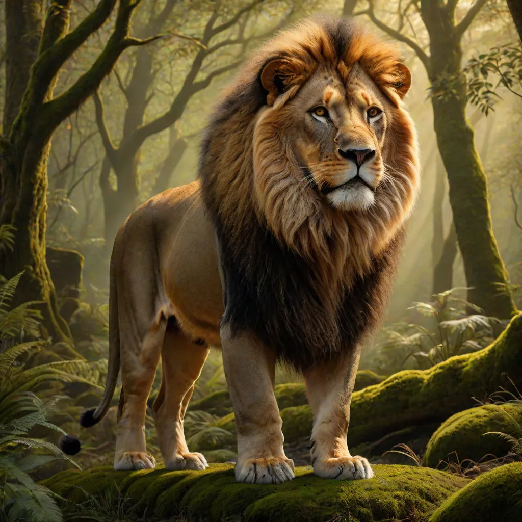 a lion standing in a forest with mossy ground and trees in the background, with sunlight streaming through the trees, photorealism, a detailed matte painting, Chris LaBrooy, photoreal