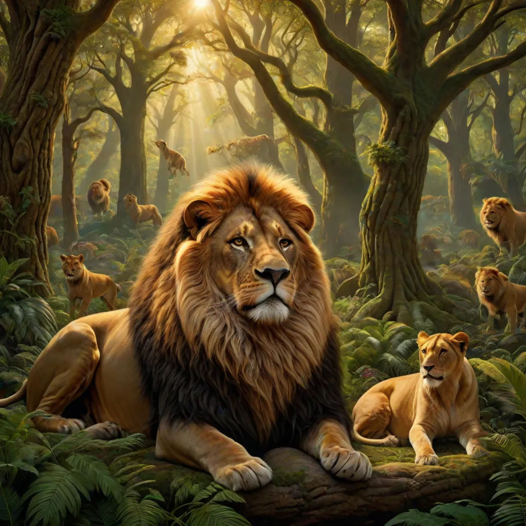 a painting of lions in a forest with trees and ferns, with sunlight shining through the trees and the lions laying down, fantastic realism, a detailed matte painting, Chris LaBrooy, photoreal