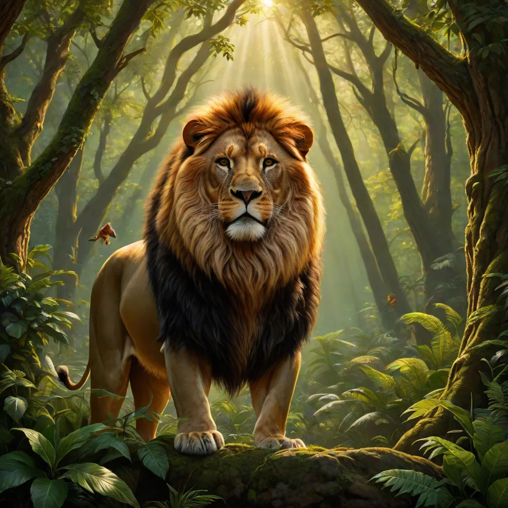 a lion standing in the middle of a forest with a butterfly flying above it and a sunbeam in the background, naturalism, an airbrush painting, Chris LaBrooy, majestic