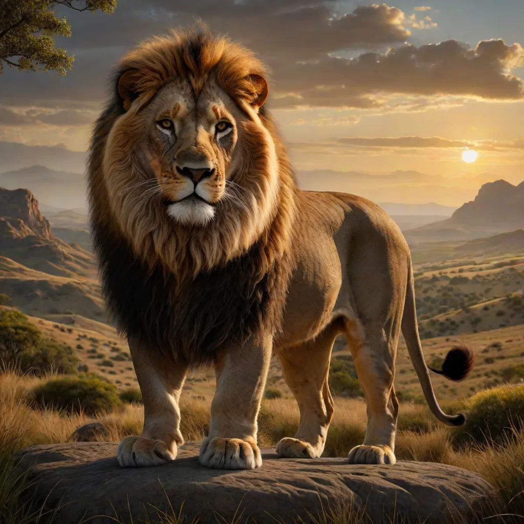 a lion standing on a rock in a field with mountains in the background and a sunset in the sky, photorealism, a matte painting, Chris LaBrooy, photoreal