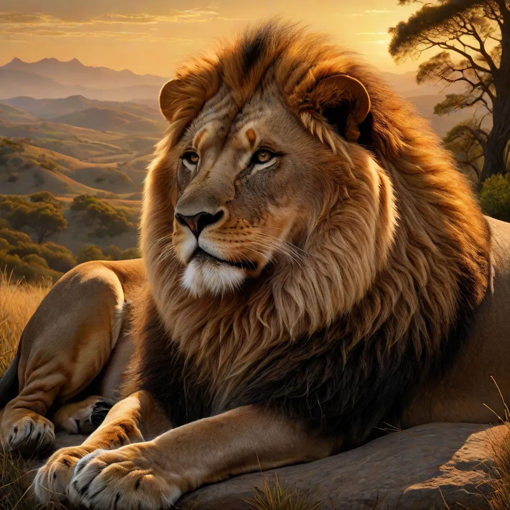a lion laying on a rock in a field with a sunset in the background and a tree in the foreground, photorealism, an airbrush painting, Anne Stokes, majestic