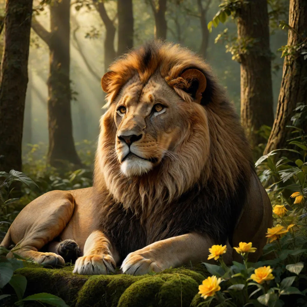 a lion laying in the middle of a forest with yellow flowers around it's feet and a forest background, fantasy art, a detailed matte painting, Chris LaBrooy, wildlife photography