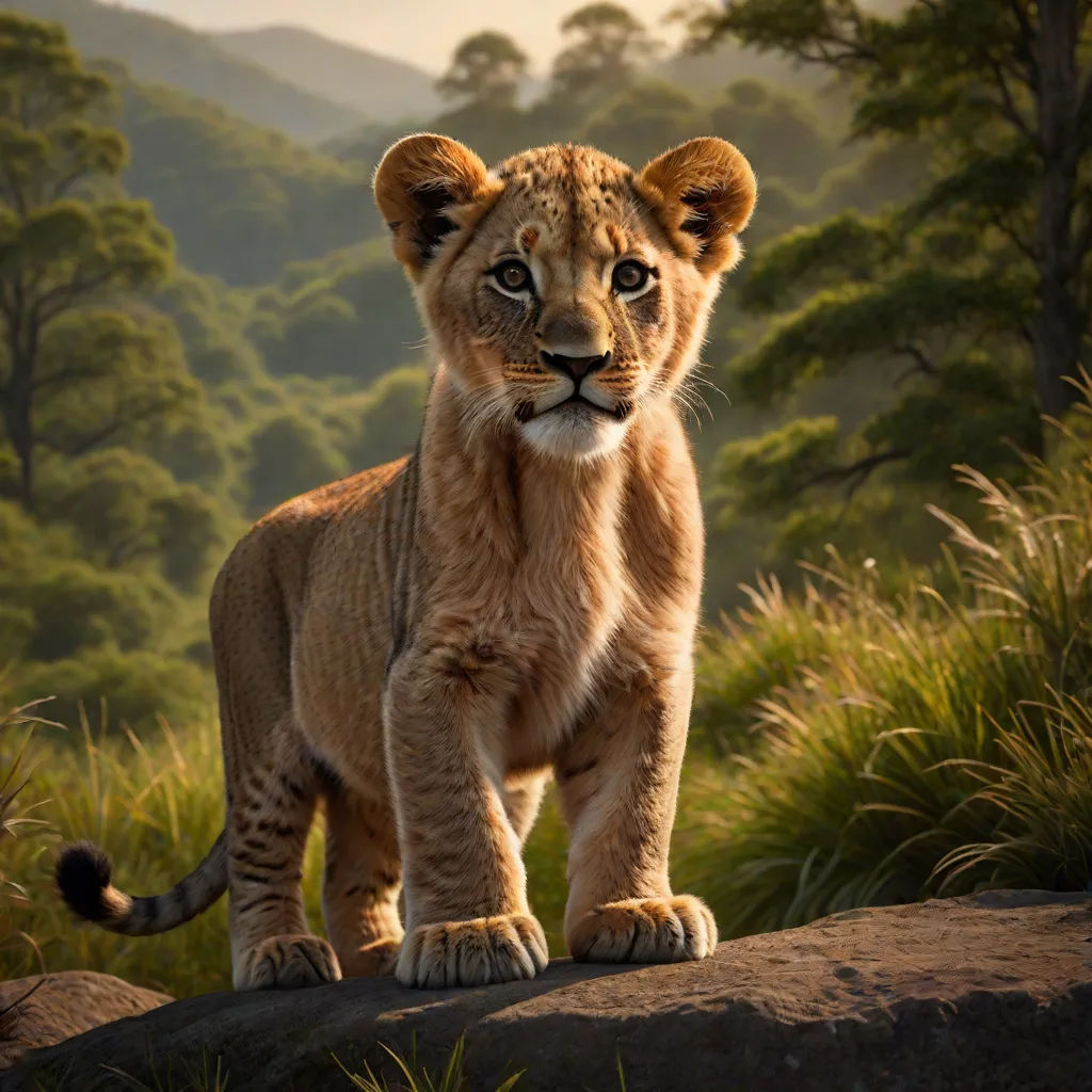 a young lion standing on a rock in a forest with mountains in the background and trees in the foreground, photorealism, a poster, Edward George Handel Lucas, photoreal