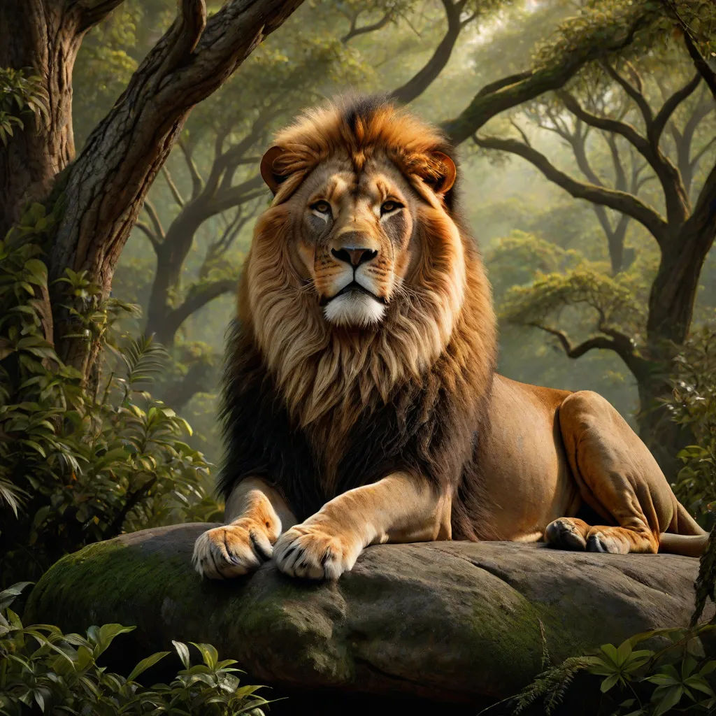 a lion sitting on a rock in a forest with trees and bushes around it, with a large, majestic, majestic, majestic, majestic, majestic, majestic, majestic,,,,,, photorealism, an airbrush painting, Chris LaBrooy, majestic