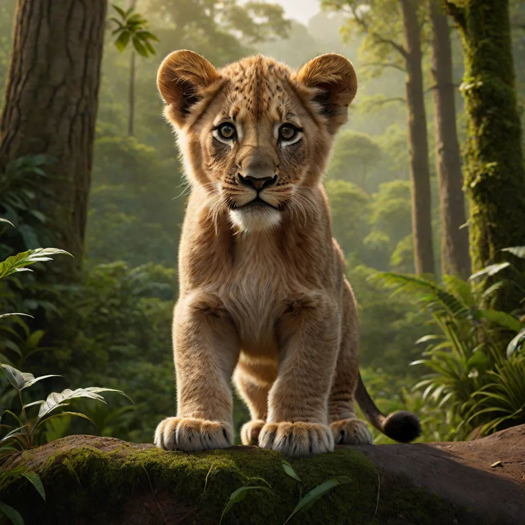 a young lion cub standing on a rock in a jungle setting with trees and foliage in the background, with a light shining on the face, photorealism, a poster, Edward George Handel Lucas, promotional image