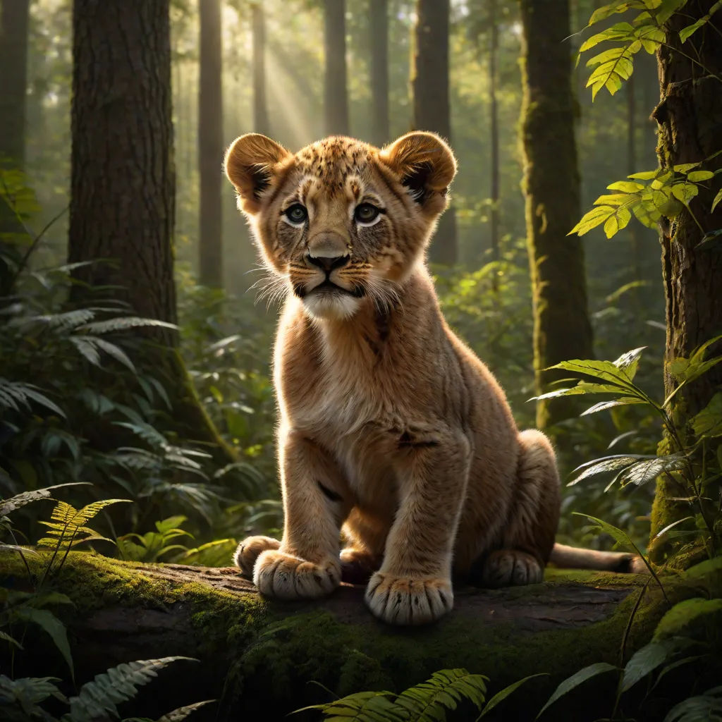 a young lion cub sitting on a log in the woods with sunlight streaming through the trees behind him and a forest floor, photorealism, a poster, Edward George Handel Lucas, promotional image