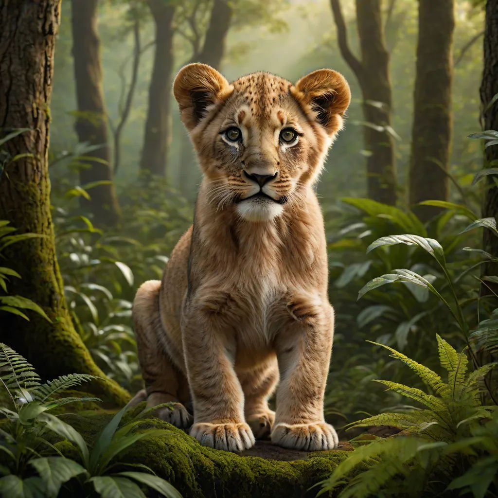 a young lion cub standing on a log in a forest with ferns and trees in the background, with a light shining on the cub, photorealism, a poster, Edward George Handel Lucas, promotional image