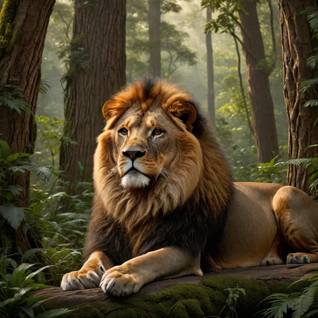 a lion laying on a log in a forest with trees and ferns around it, with a light shining on the face, photorealism, an airbrush painting, Chris LaBrooy, photoreal