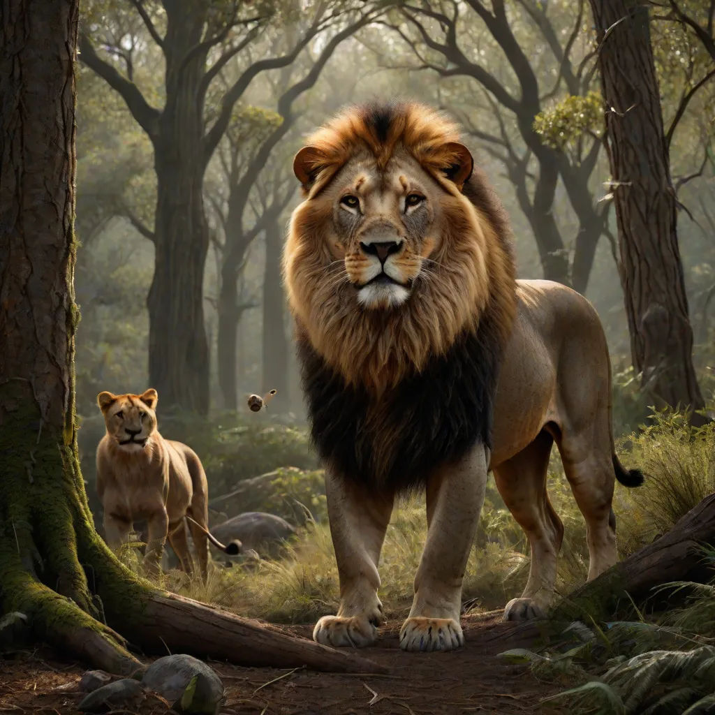 a lion and a lioness in a forest with trees and rocks and grass and rocks and rocks and grass and trees and rocks and rocks and a few bushes and a few trees and a few leaves, photorealism, a photorealistic painting, Chris LaBrooy, photoreal