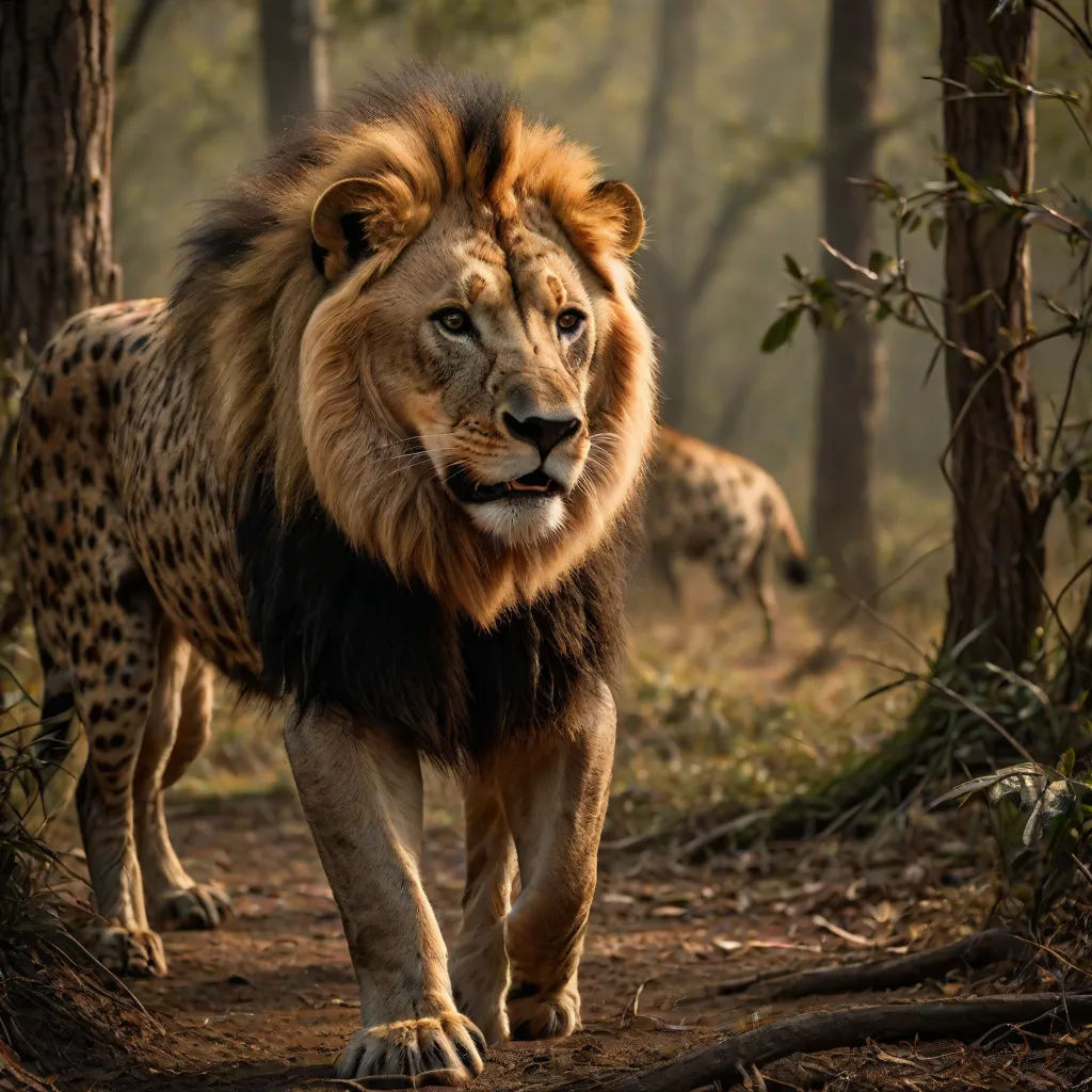 a lion walking through a forest with a hyena nearby on a path in the woods with trees, sumatraism, a photorealistic painting, Chris LaBrooy, wildlife photography
