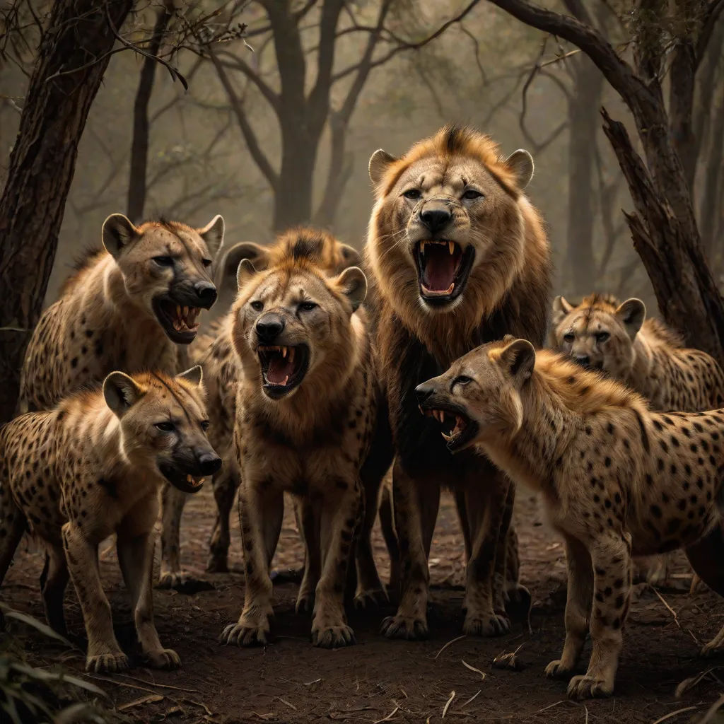 a group of hyenas standing in a forest with their mouths open and mouths wide open, with the hyenas showing, mannerism, a photo, David Martin, wildlife photography