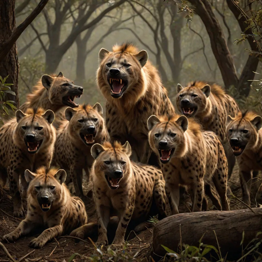 a group of hyenas with their mouths open in the woods with trees in the background and fog in the sky, mannerism, a photorealistic painting, Brothers Hildebrandt, wildlife photography