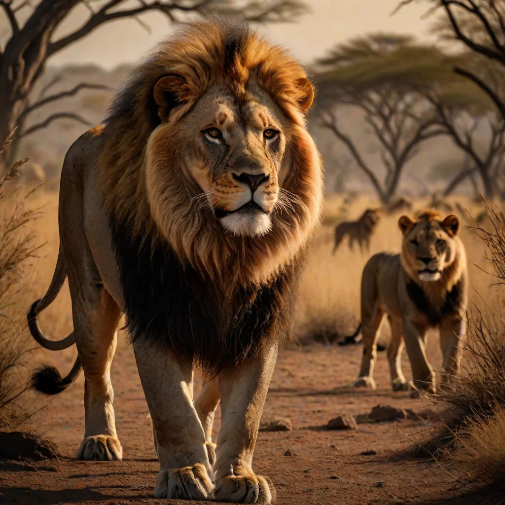 a lion walking down a dirt road next to a forest filled with trees and bushes with a couple of lions walking behind it, photorealism, a photorealistic painting, Chris LaBrooy, photoreal