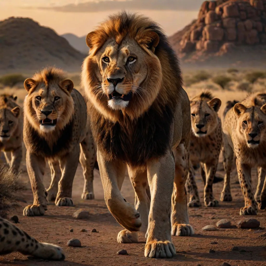 a group of lions walking across a dirt field next to a mountain range with a sky background and a few hills, photorealism, a poster, Chris LaBrooy, wildlife photography