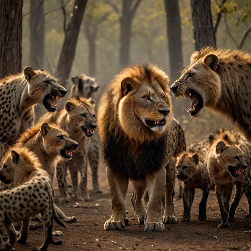 a group of lions and hyenas in a forest with trees and bushes in the background, with one of them showing teeth, mannerism, a photo, David Martin, wildlife photography