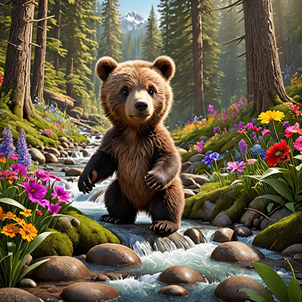 a bear standing on its hind legs in a stream of water surrounded by flowers and rocks and trees, with a mountain in the background, environmental art, a detailed matte painting, Chris LaBrooy, highly detailed digital art