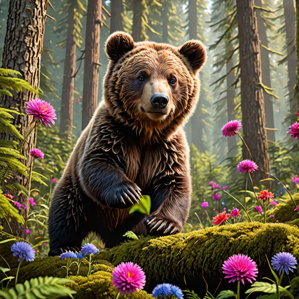 a bear standing in a forest with flowers and trees in the background and a bear in the foreground, furry art, a digital painting, Chris LaBrooy, highly detailed digital painting