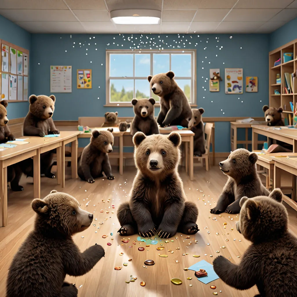 a group of bears sitting on top of a wooden floor in a classroom filled with desks and books, american barbizon school, a storybook illustration, Chris LaBrooy, behance hd