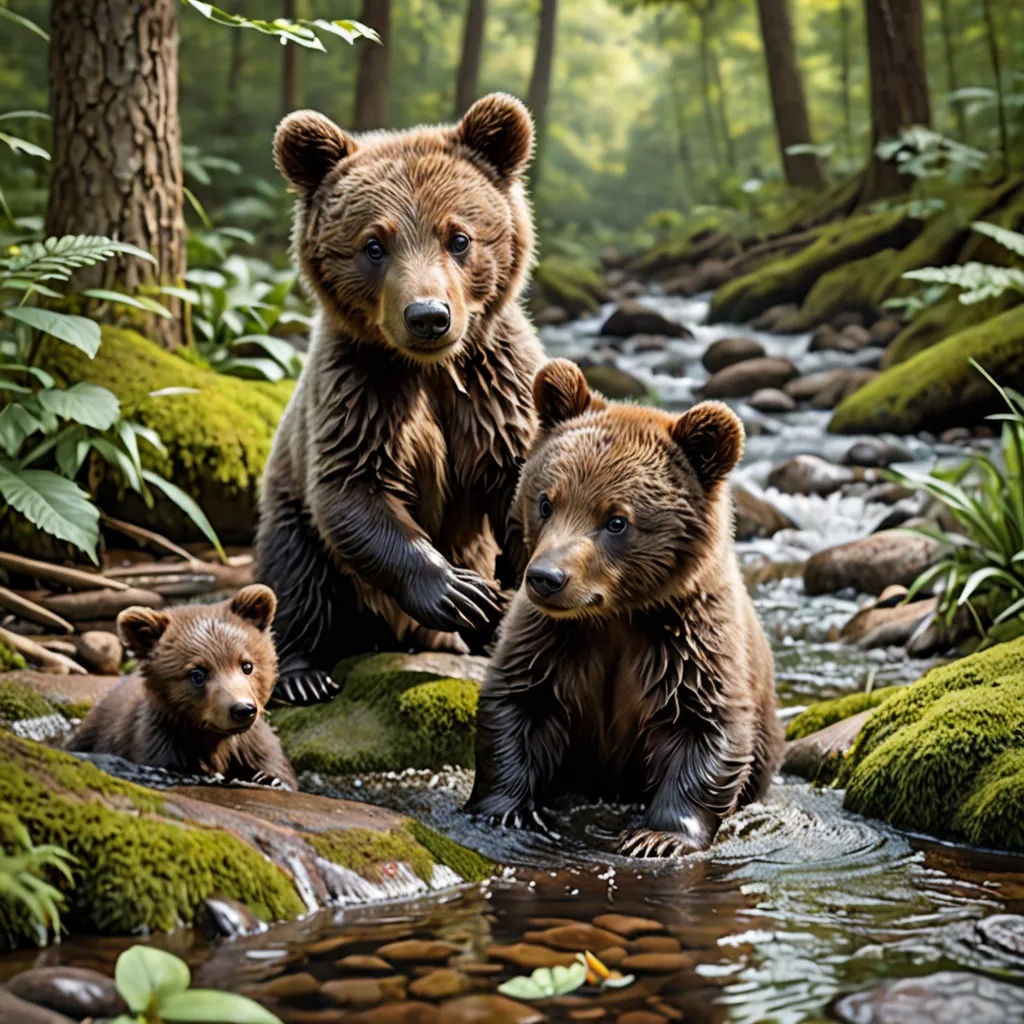 two bears are sitting in the water near rocks and trees and grass and rocks are in the water and the bears are standing on the rocks, art photography, a jigsaw puzzle, Artur Tarnowski, wildlife photography