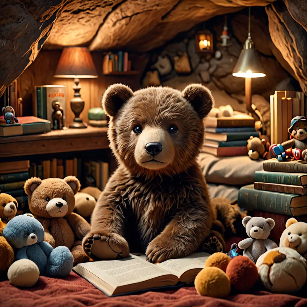 a teddy bear sitting on a bed with a book and stuffed animals around it in a room with a bed and a lamp, art photography, a storybook illustration, Chris LaBrooy, cgstudio