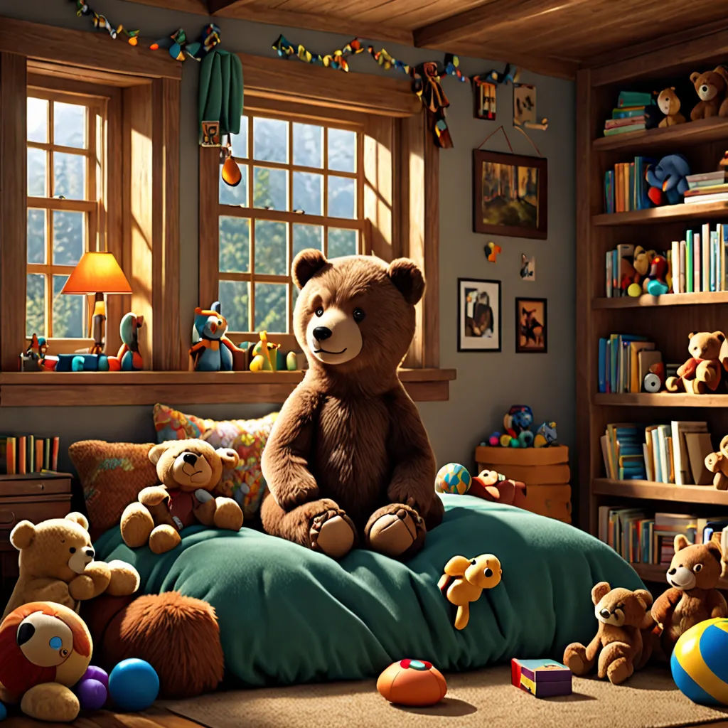 a teddy bear sitting on a bed surrounded by stuffed animals and toys in a bedroom with a window and bookcase, photorealism, a storybook illustration, Chris LaBrooy, cgstudio