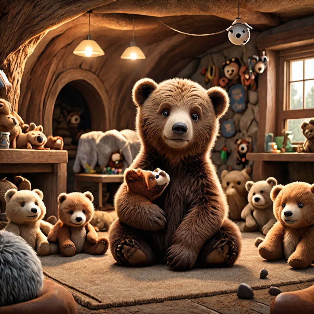 a group of stuffed animals sitting in a room with a ceiling light and a window in the background with a bear on the floor, furry art, a storybook illustration, Chris LaBrooy, cgstudio