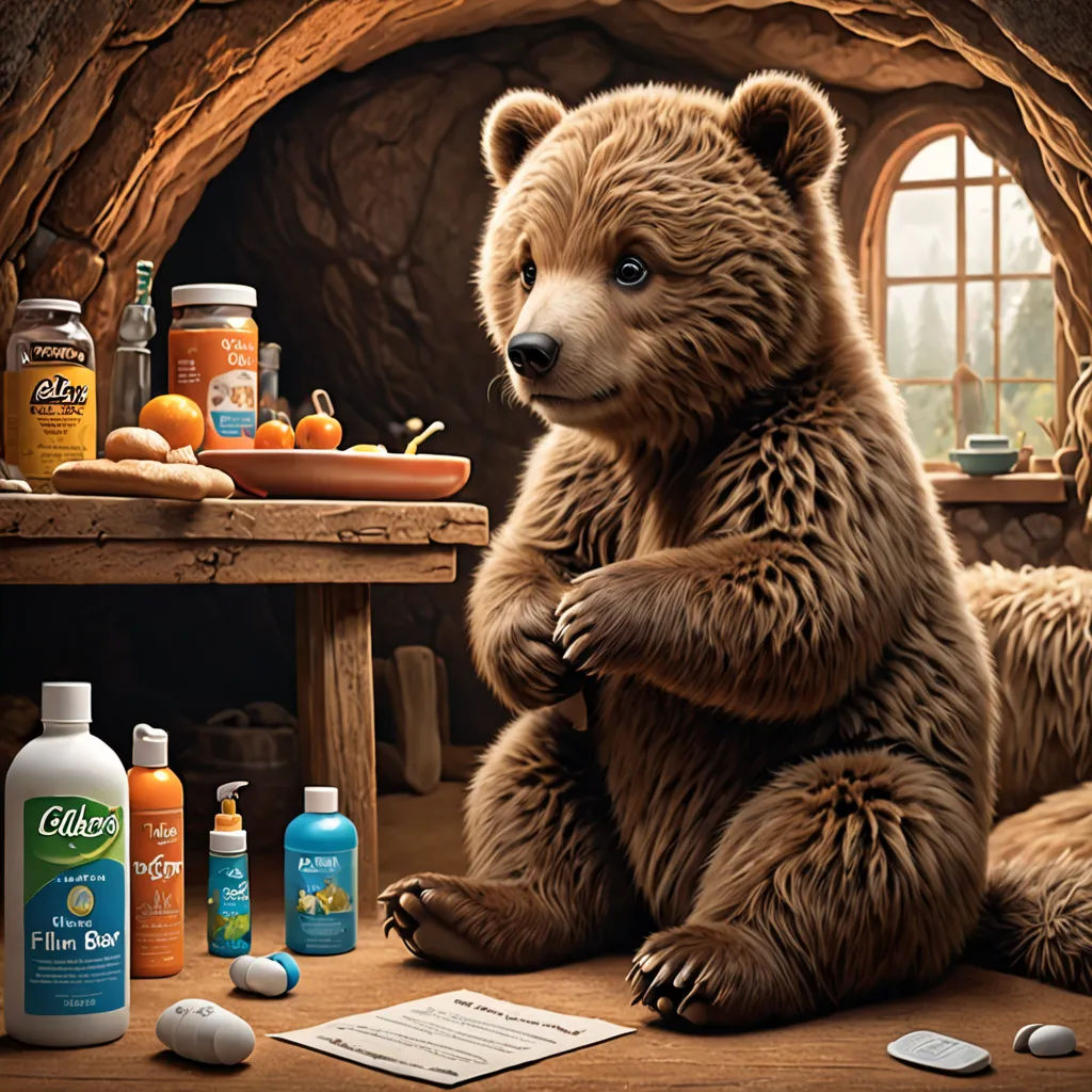 a bear sitting on the floor next to a table with bottles of vitamins and a mouse on it, furry art, a storybook illustration, Chris LaBrooy, cgstudio