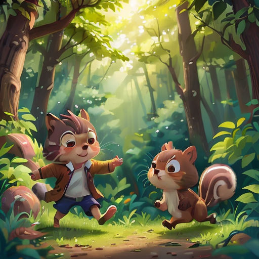 a squirrel and a squirrel cub running through a forest with sunlight shining through the trees and leaves on the ground