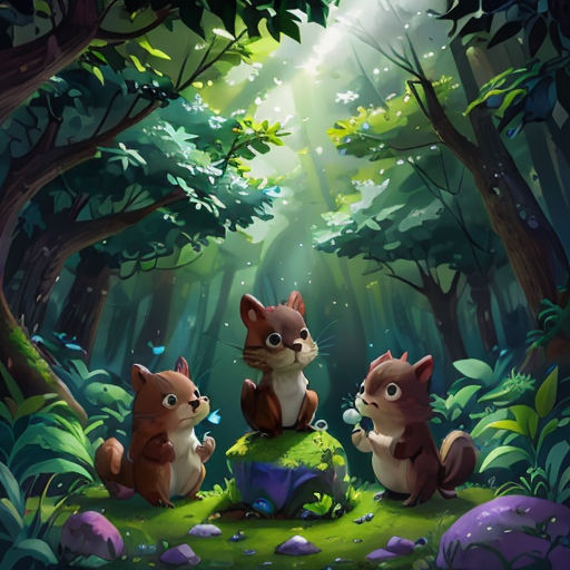 three squirrels in the forest with sunlight coming through the trees and leaves on the ground, and a small rock in the foreground