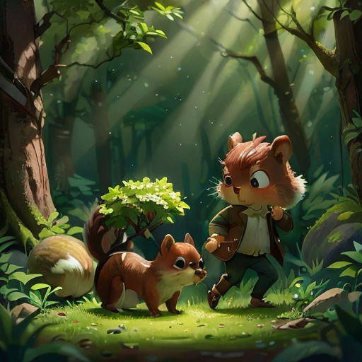 a cartoon of a fox and a squirrel in a forest with a tree and a man holding a knife