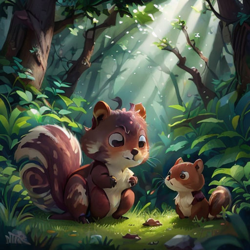 a squirrel and a squirrelling in a forest with sunlight streaming through the trees and leaves on the ground