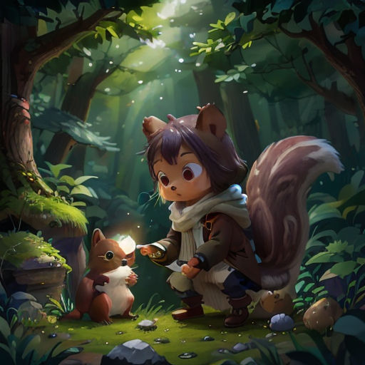 a girl is holding a lantern in the woods with a squirrel nearby by a forest - like area with a light shining on her