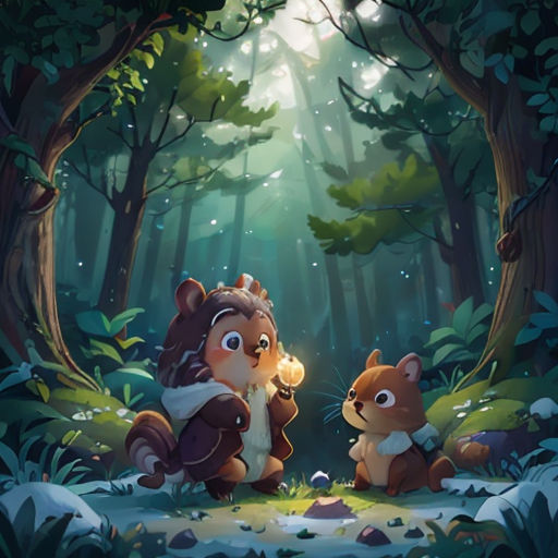 a couple of animals sitting in the middle of a forest with a light shining on them's face