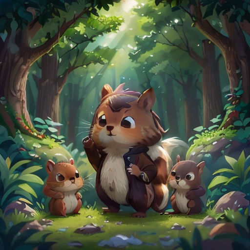 a squirrel and her babies in the forest with sunlight coming through the trees and leaves on the ground,