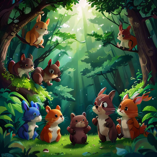 a group of animals in the forest with a light coming through the trees and a forest floor full of animals