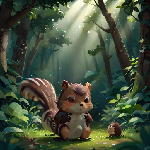 a squirrel sitting in the middle of a forest with a light shining through the trees and leaves on the ground