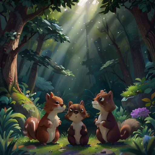 a group of squirrels sitting in the middle of a forest under a beam of light from the sun shining down
