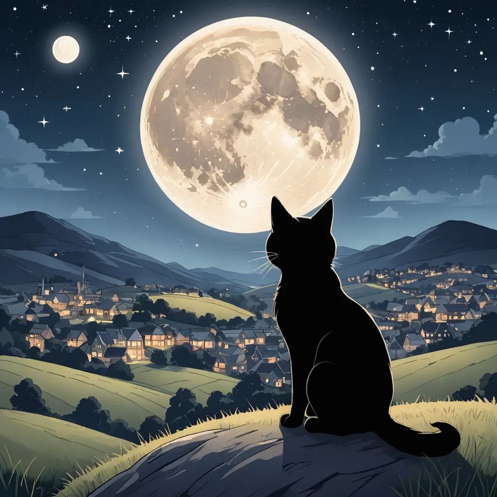a cat sitting on a rock looking at the moon in the sky above a city at night time with stars and a full moon, space art, a storybook illustration, Atey Ghailan, full moon