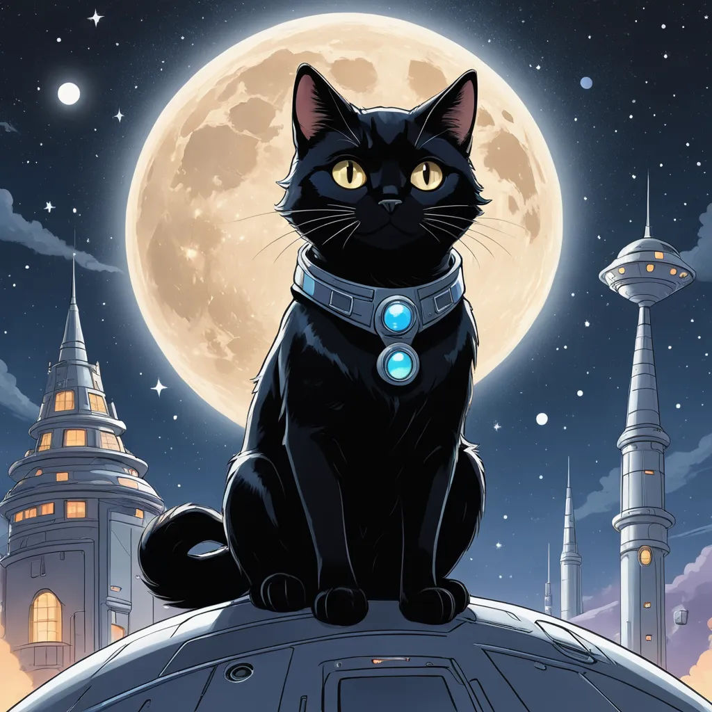 a black cat sitting on top of a building under a full moon sky with a city in the background, space art, a character portrait, Dan Mumford, comic cover art