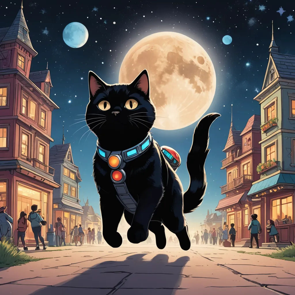 a black cat is running across a street at night with a full moon in the background and people walking around, space art, a storybook illustration, Chris LaBrooy, official art